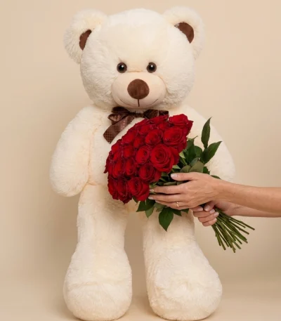 Kırmızı Gül Buketli Peluş Ayı